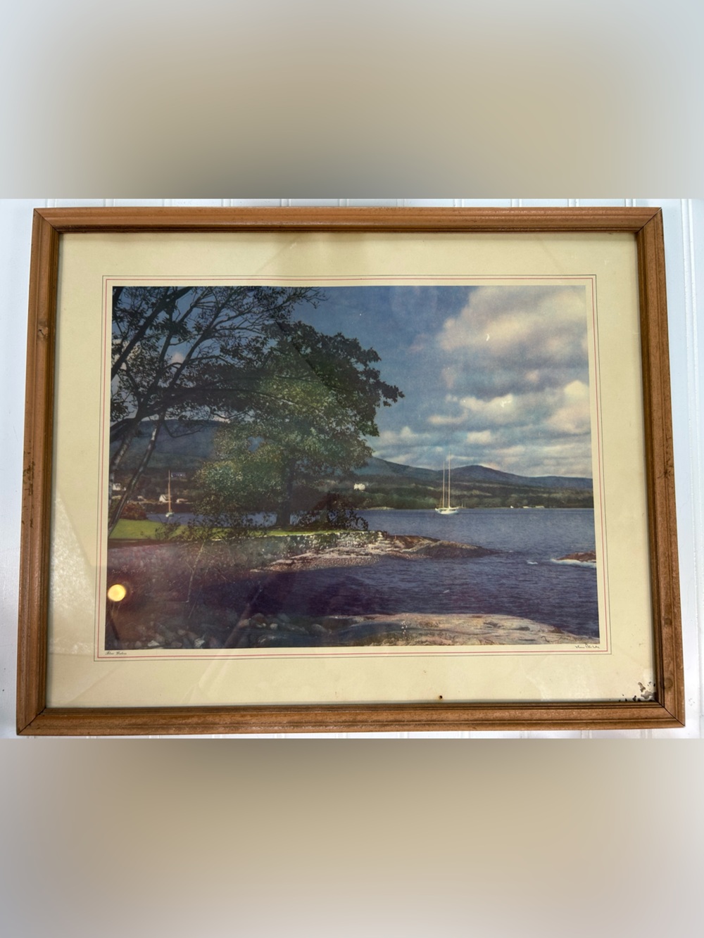 Vintage Print Framed Sailboat Landscape Thomas Peters Lake Wood Frame 17x21